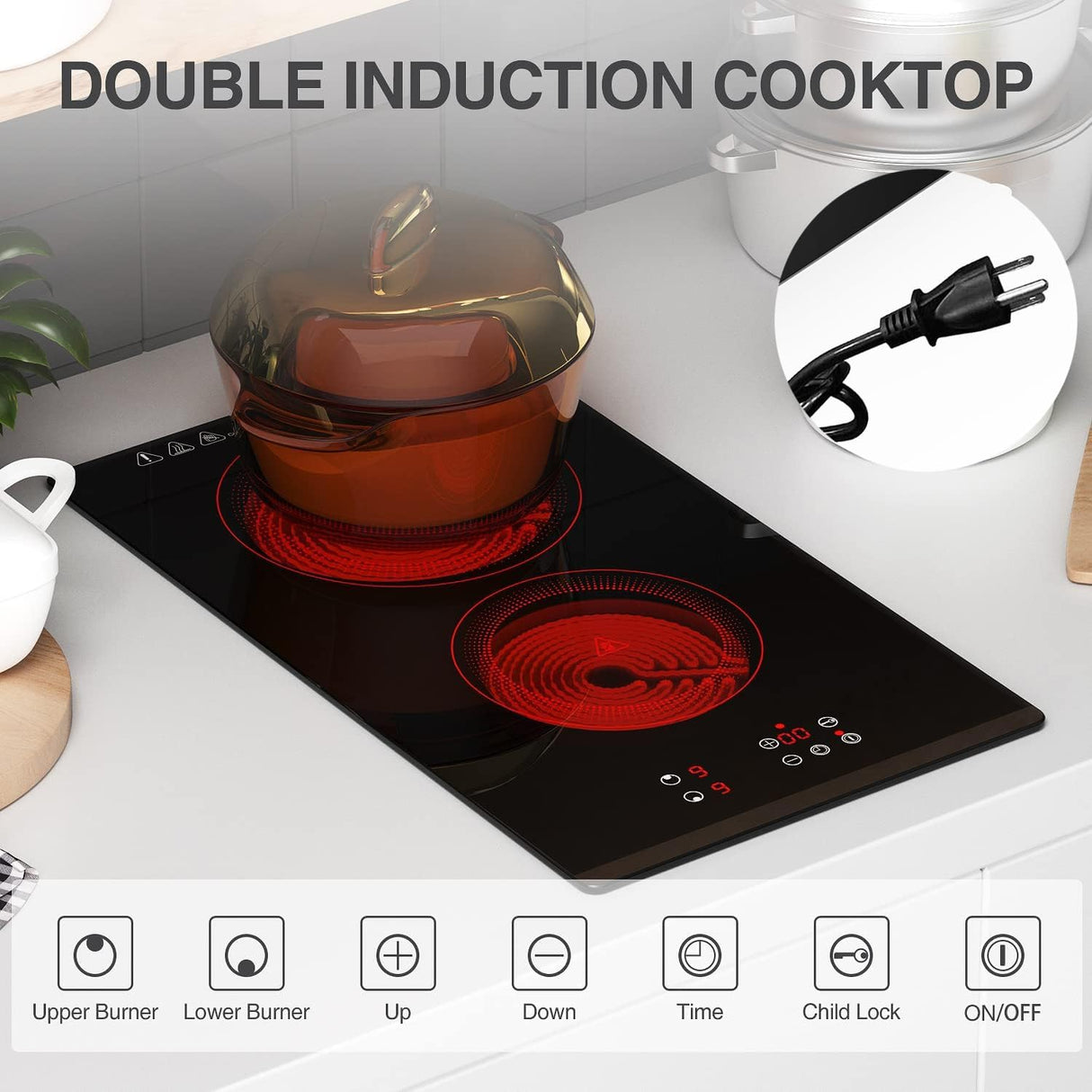 Plug in 2 Burner Portable Electric Cooktop 12 Inch 2100W Infrared Cooker