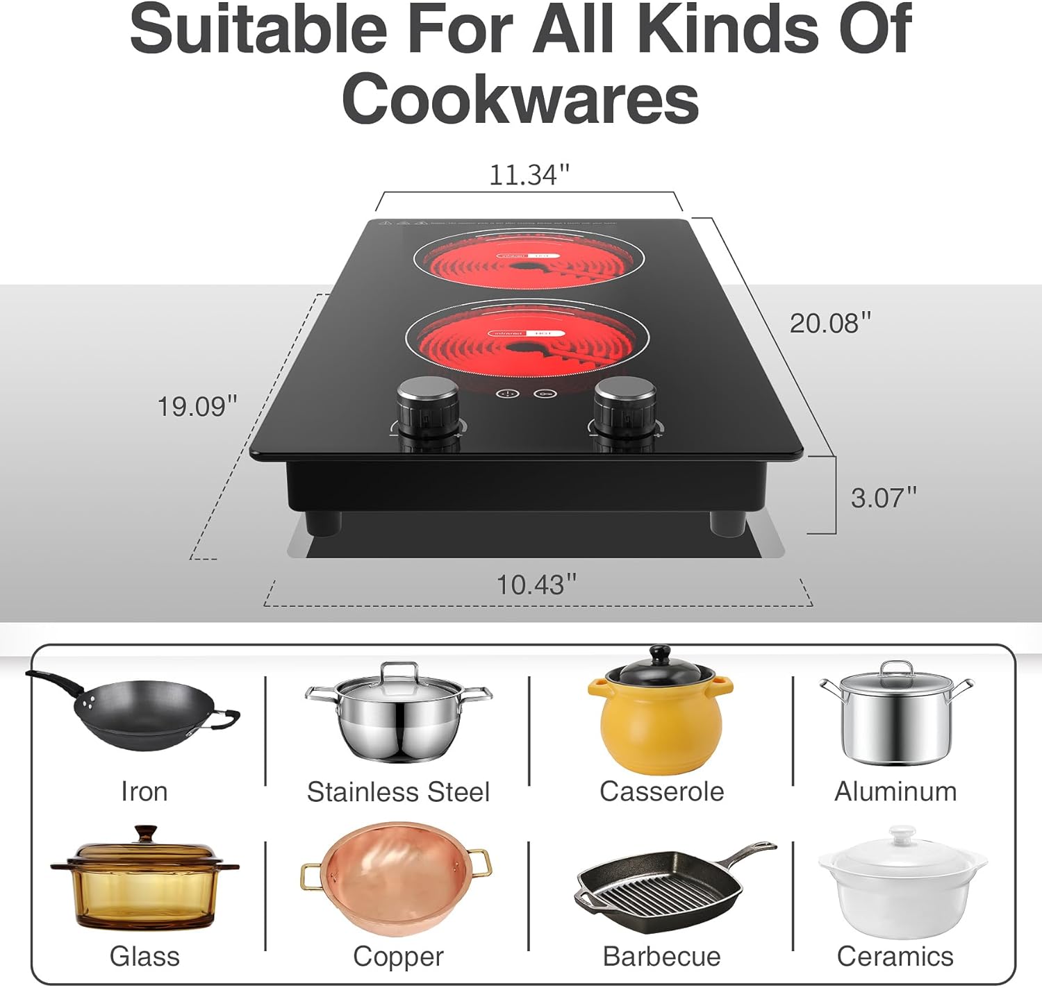 VBGK Double Burner Electric Cooktop 12 Inch 2000W Infrared