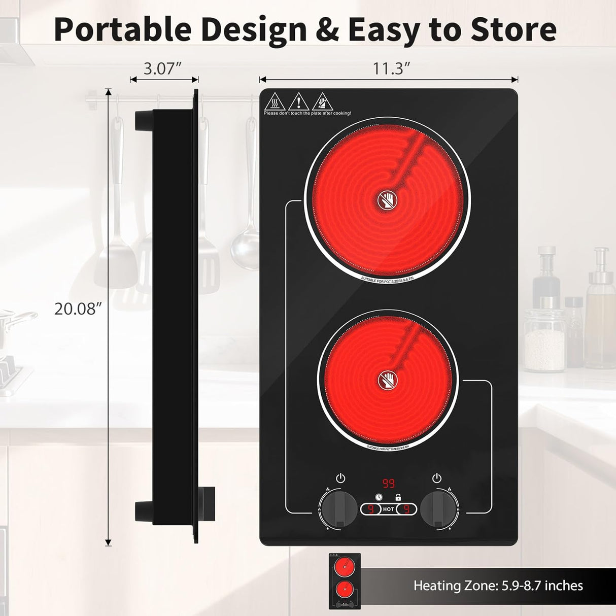 2100W Two Burner Electric Cooktop Knob Control and Touch Control