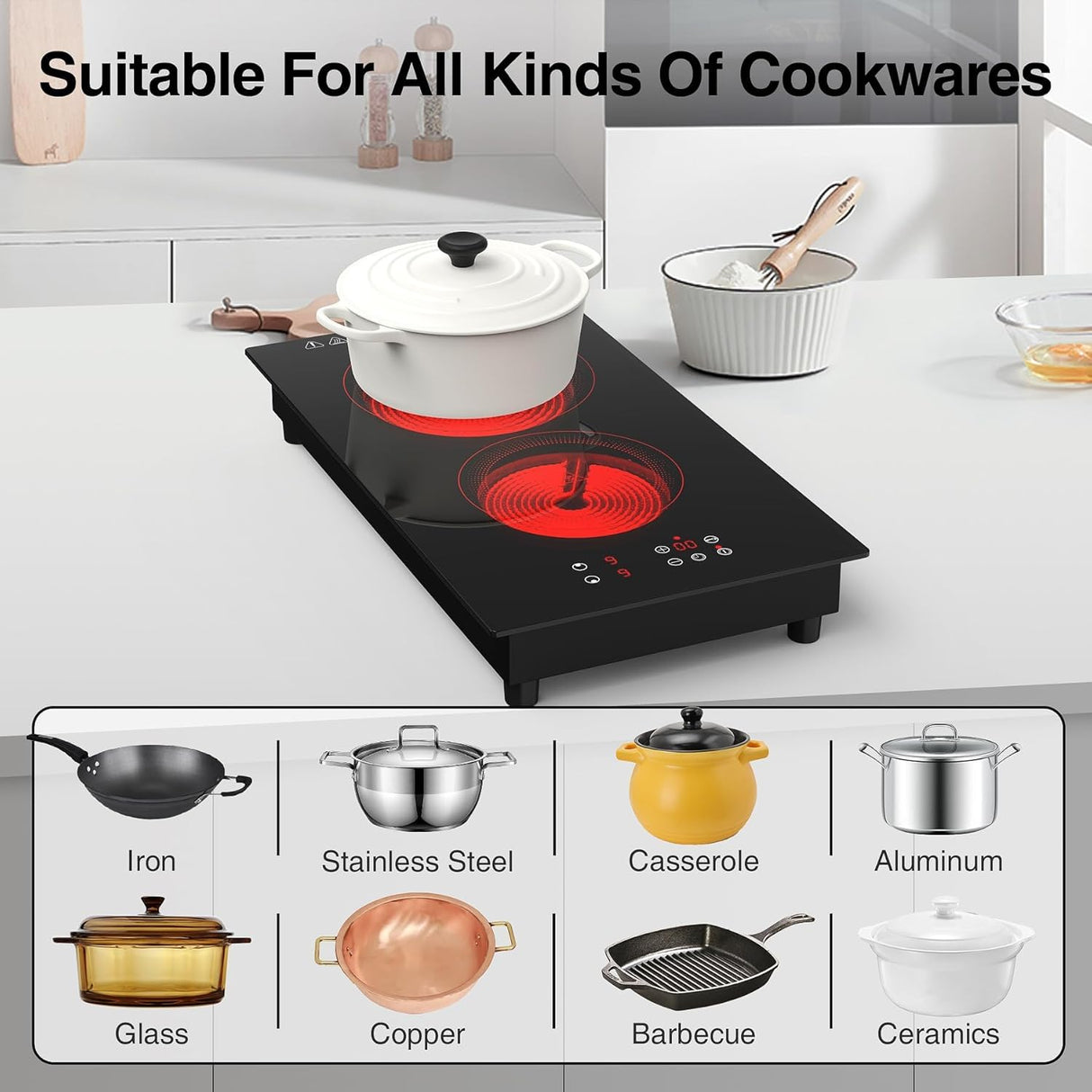 3000W Two Burner Electric Cooktop with Built-in & Countertop Portable Design