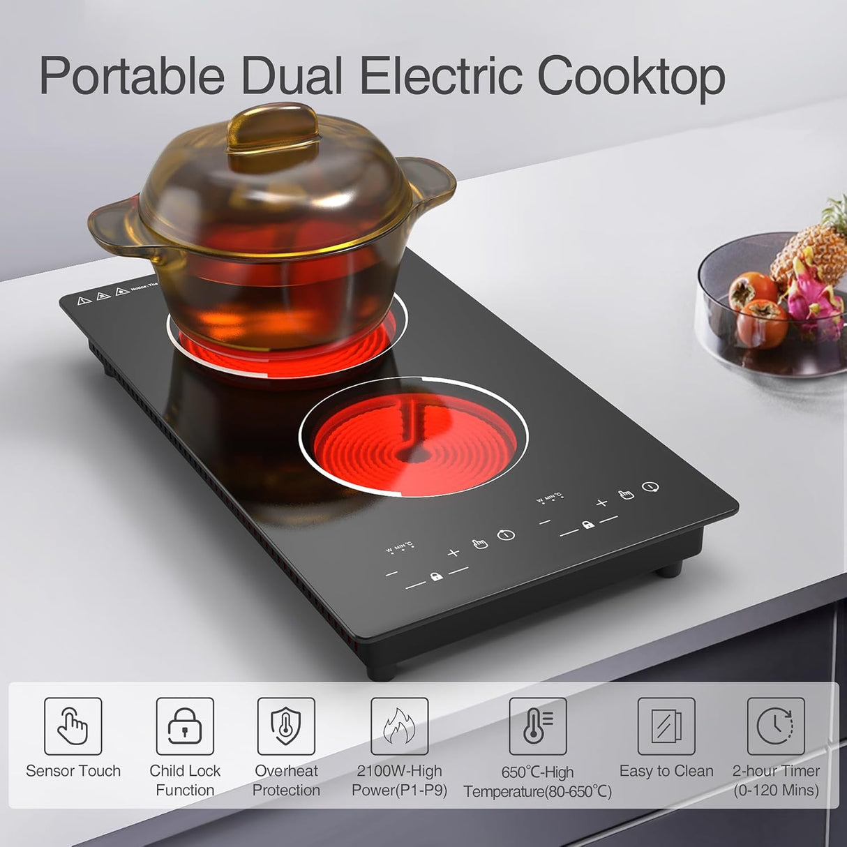 VBGK Two Burner Electric Cooktop 12 Inch 2100W Infrared Cooker