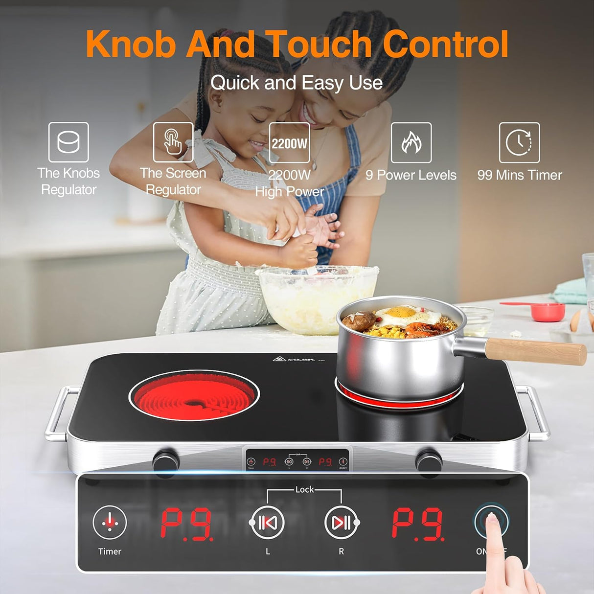 VBGK Two Burner Portable Electric Cooktop 12 Inch 2200W Infrared Cooker