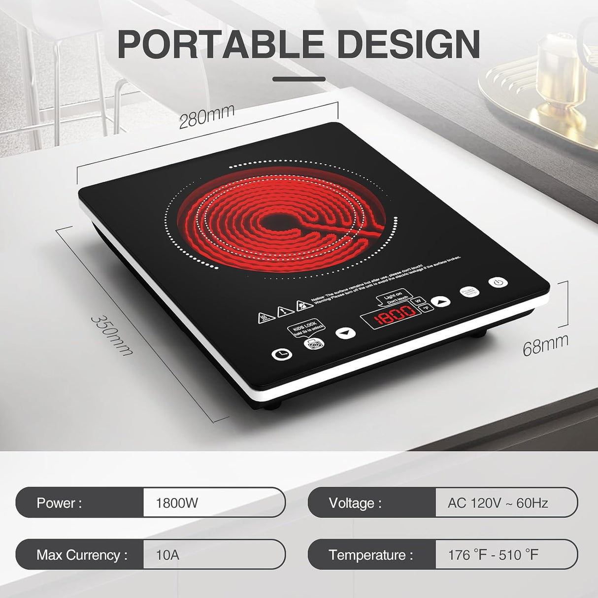 Single Burner Plug in Portable Electric Cooktop 12 Inch 1800W Infrared Cooker