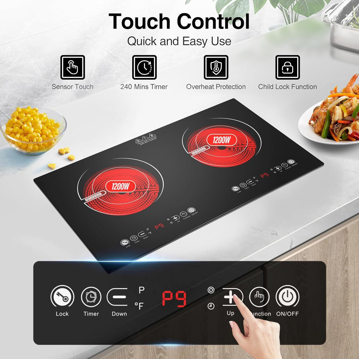 2400W Two Burner Electric Cooktop with Separate Touch Control and 9 Heating Level