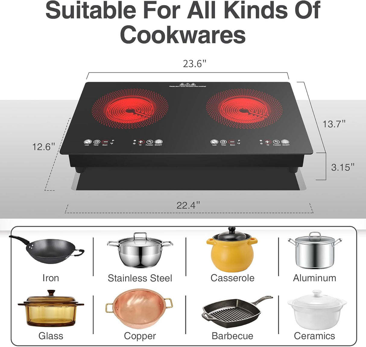 VBGK 2 Burner Electric Cooktop 24 Inch 2200W Infrared Cooker