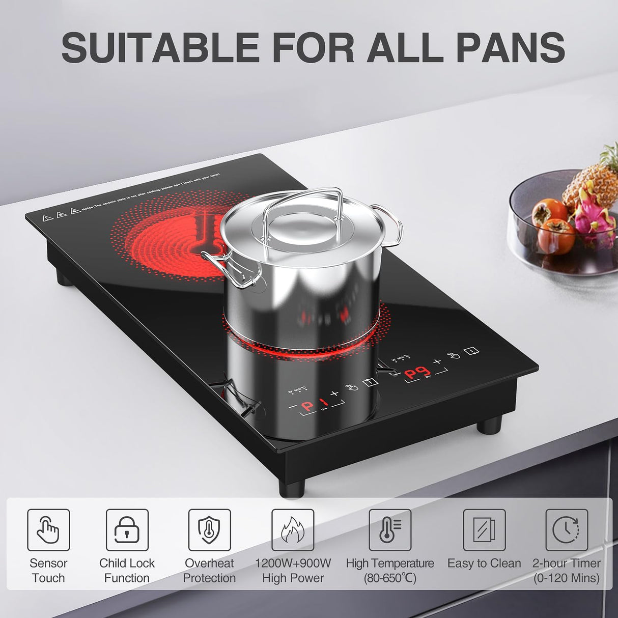 Plug In 2 Burner Electric Cooktoop 12 Inch 2100W Infrared Cooker with Touch Control