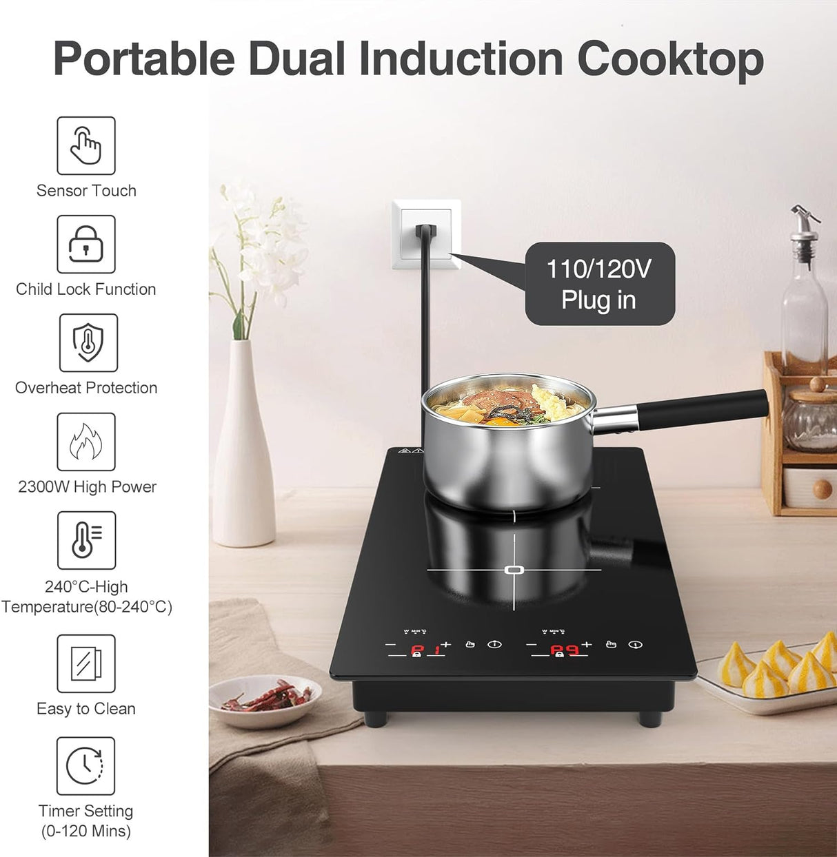 Two Burner Induction Cooktop - 12 Inch Portable Induction Cooktop with 2300W High Power, LED Touch Screen, and 9 Levels Settings