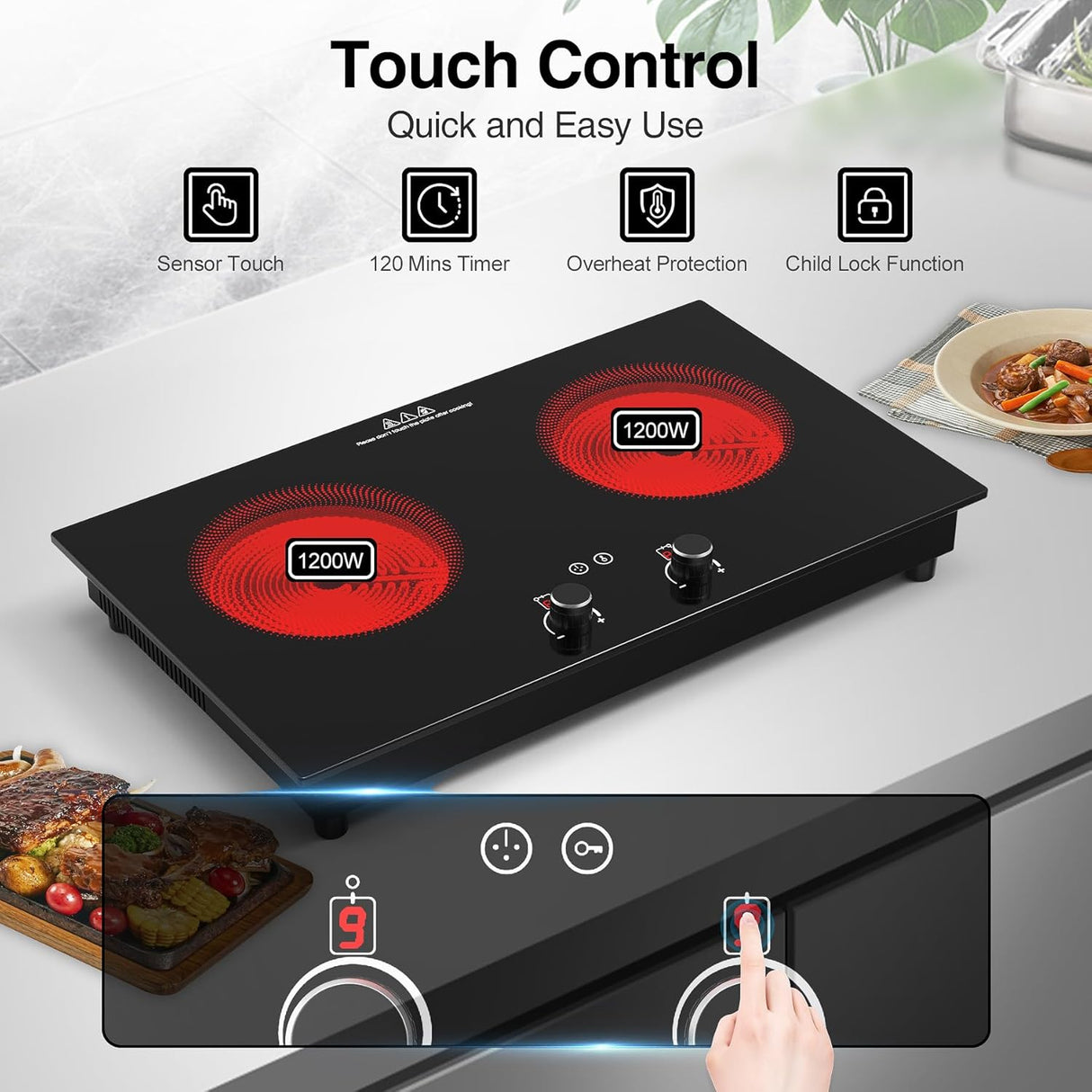 2400W 2 Burner Electric Cooktop with Countertop and Built-in Design