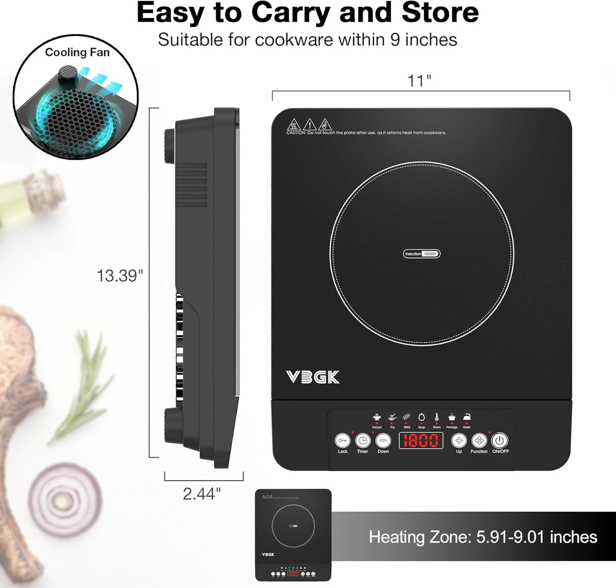 VBGK 11-inch Portable Induction Cooktop 1800W Hot Plate Electric Burner with 7 Power Levels