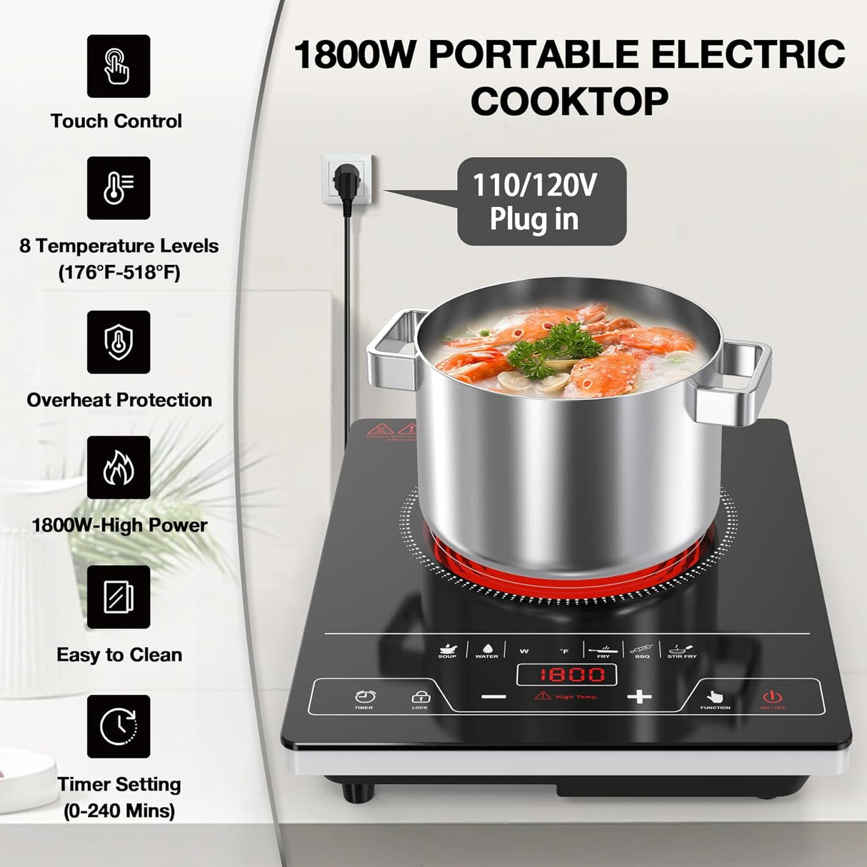 1800W Single Burner Electric Cooktop-Portable Electric Stove Top with LED Touch Control