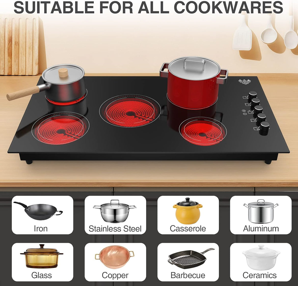 8000W Infrared Cooker 36 Inch 5 Burner Electric Cooktop with Knob Controls