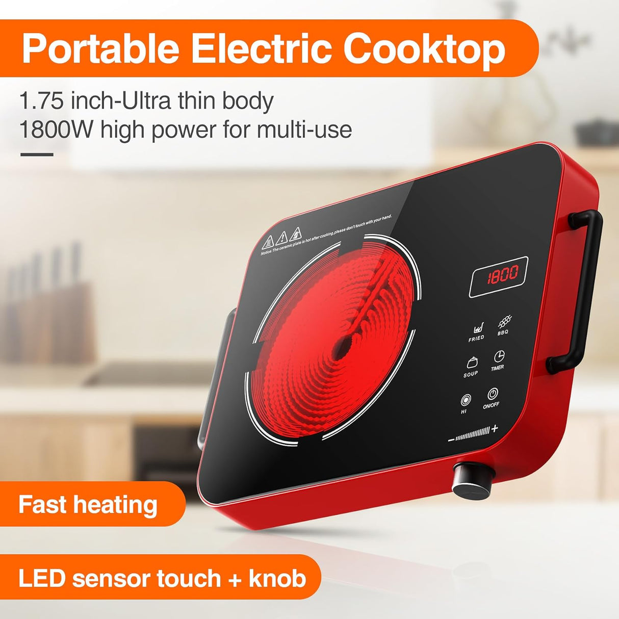 VBGK Single Burner Portable Electric Cooktop with two handle 12 Inch 1800W Infrared Cooker