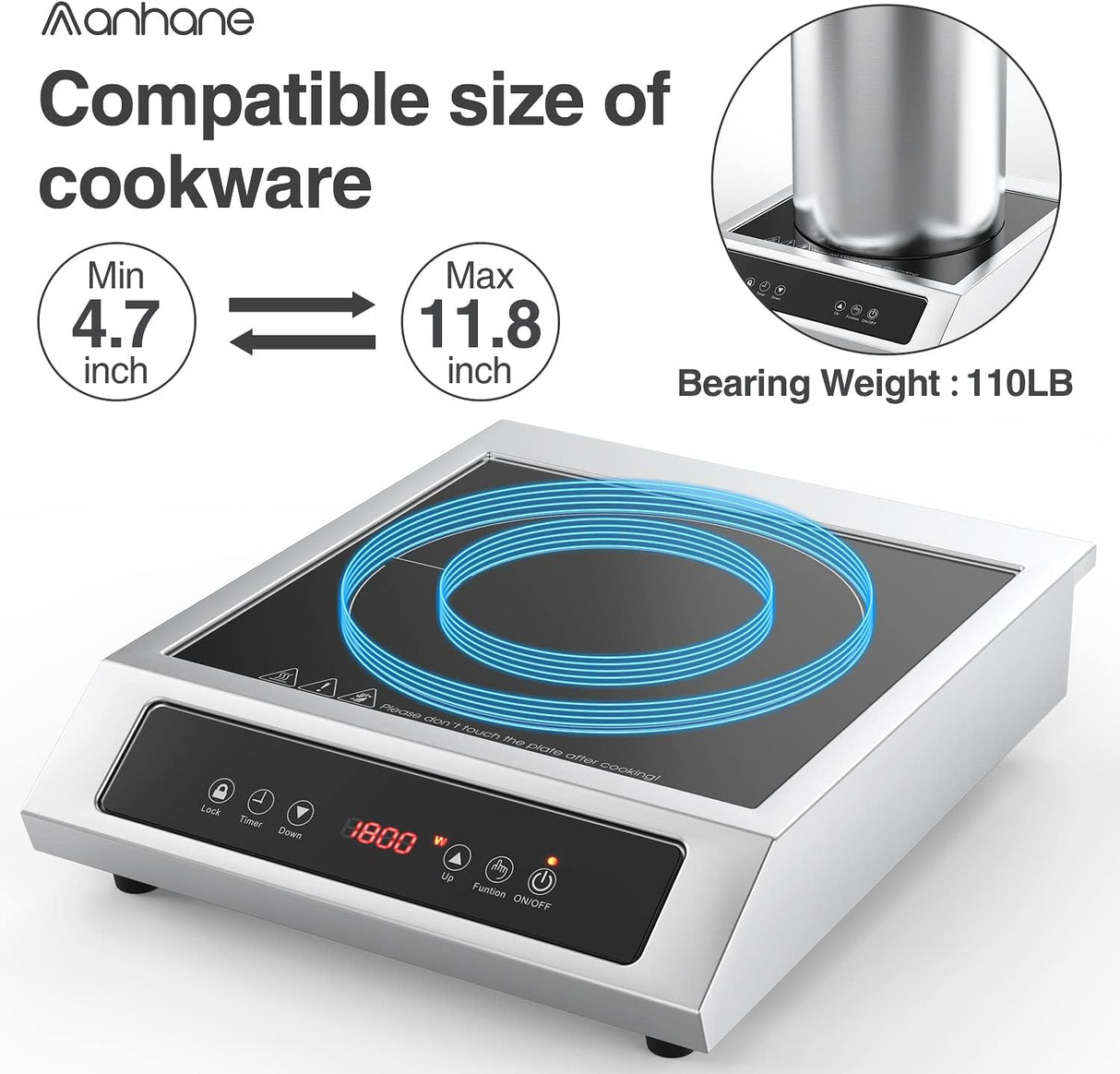 Single Burner Commercial Portable Induction Cooktop 14 Inch 1800W