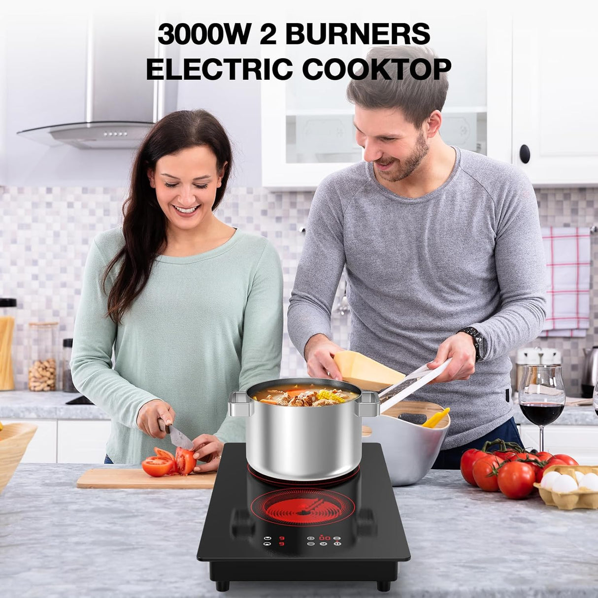 Two Burner Infrared Cooker - 3000W 12 inch Electric Stove Top with Plug for Countertop Use