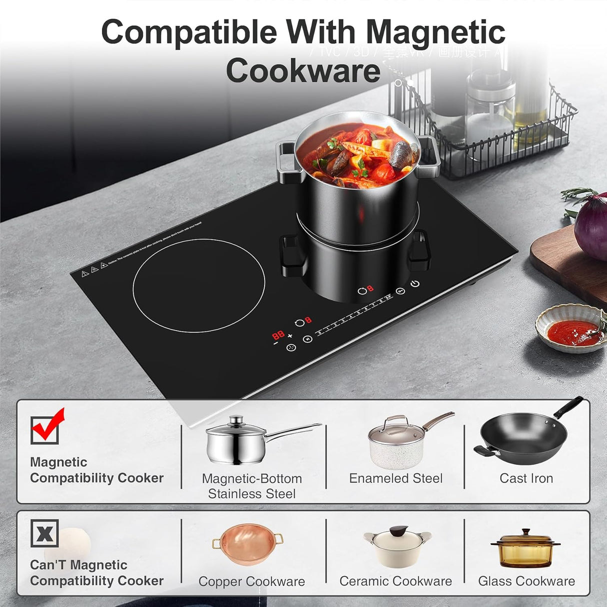 24 Inch Two Burner Induction Cooktop with 4000W Power and LCD Touch Screen for Control