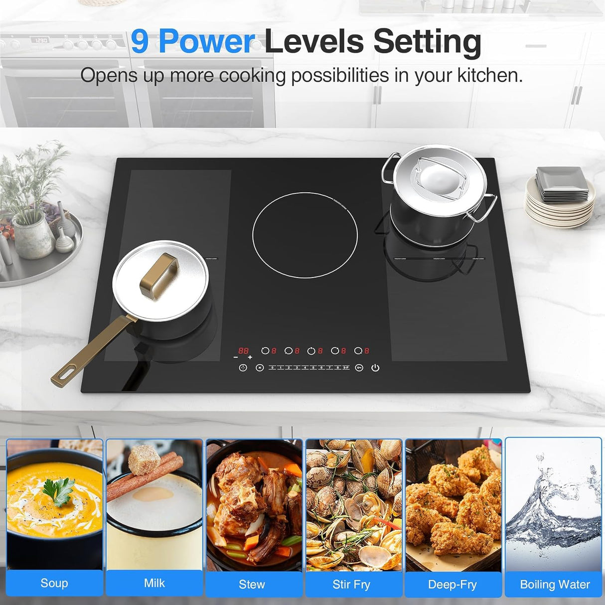 Five Burner Induction Cooktop - 30 Inch Built-in Induction Cooktop wiht 9000W High Power and Touchscreen Control