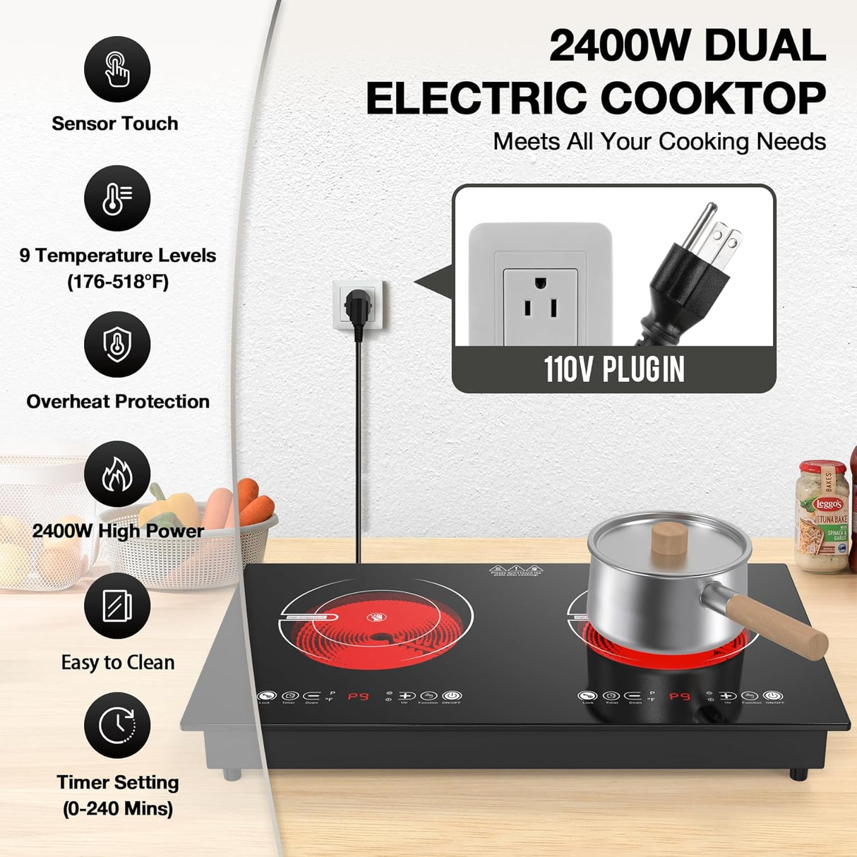 2400W Two Burner Electric Cooktop with Separate Touch Control and 9 Heating Level
