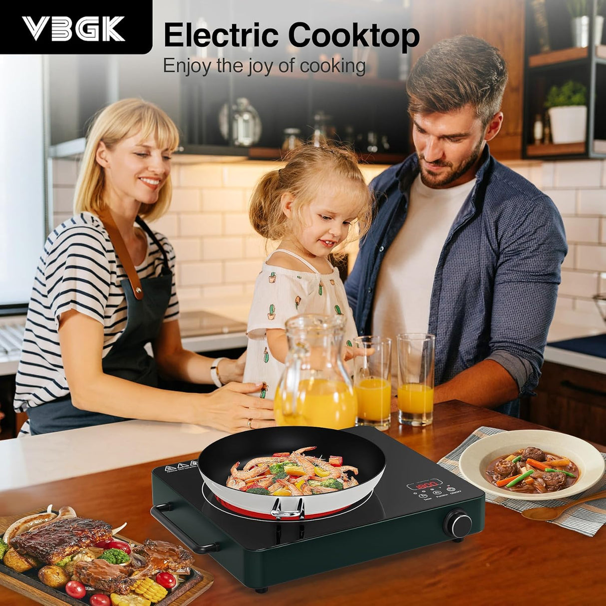 VBGK Single Burner Infrared Cooker - 12 Inch Portable Electric Cooktop with Handles and Touch and Knob Control