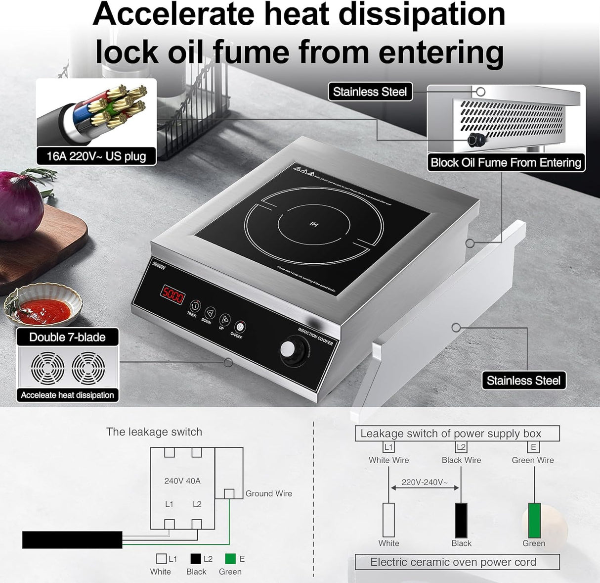 Commercial Induction Cooktop: Professional 5000W Hot Plate with LCD Touch and Knob Control, 4 Hours Timer, and 16 Power Levels