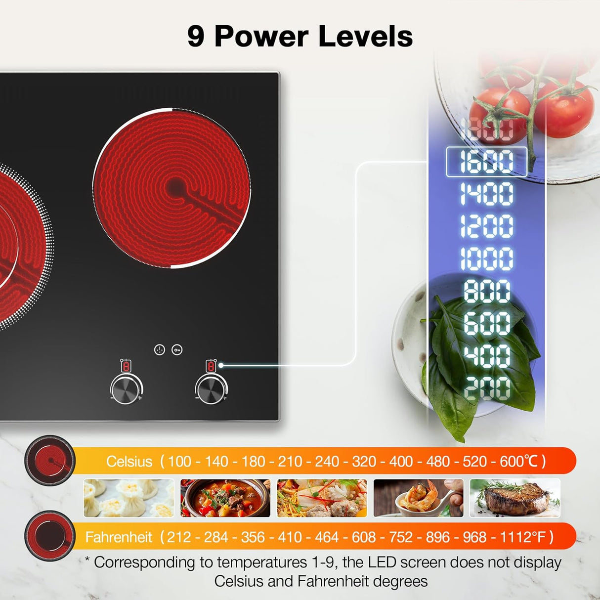 Plug-in 22 Inch Two Burner Infrared Cooker with 2100W Power and 10 Heating Level for Built-in & Countertop Use