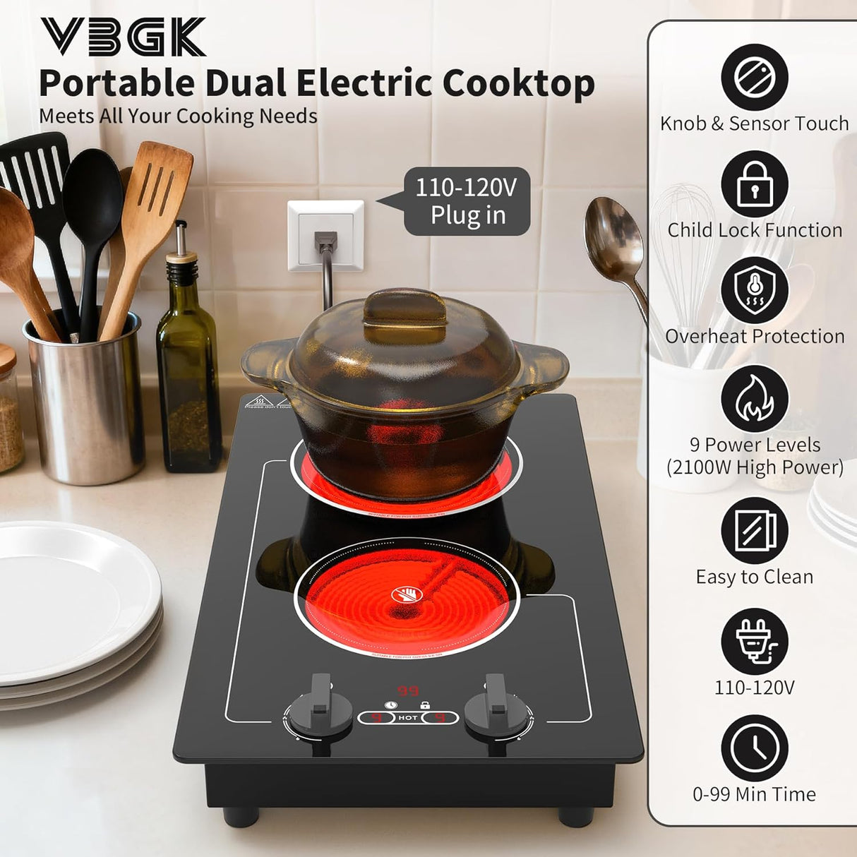 2100W Two Burner Electric Cooktop Knob Control and Touch Control