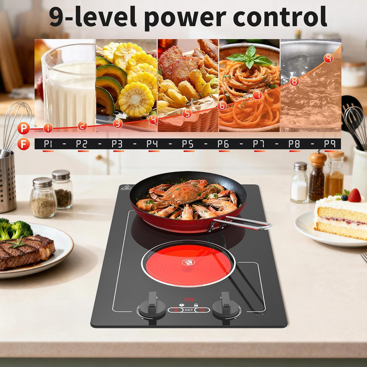 2100W Two Burner Electric Cooktop Knob Control and Touch Control