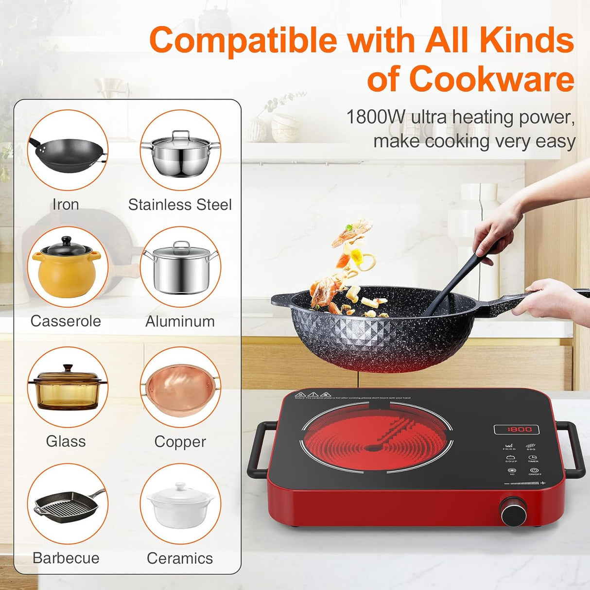 VBGK Single Burner Portable Electric Cooktop with two handle 12 Inch 1800W Infrared Cooker