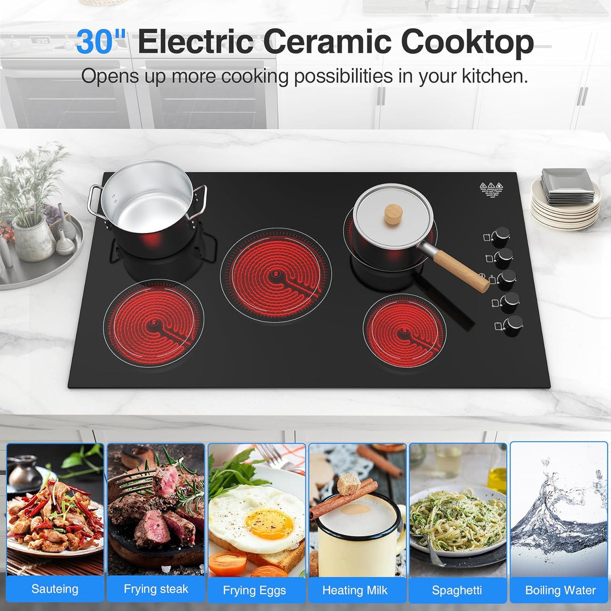 Five Burner Infrared Cooker - 8000W 36 Inch Electric Cooktop with Knob Control and 9 Power Levels