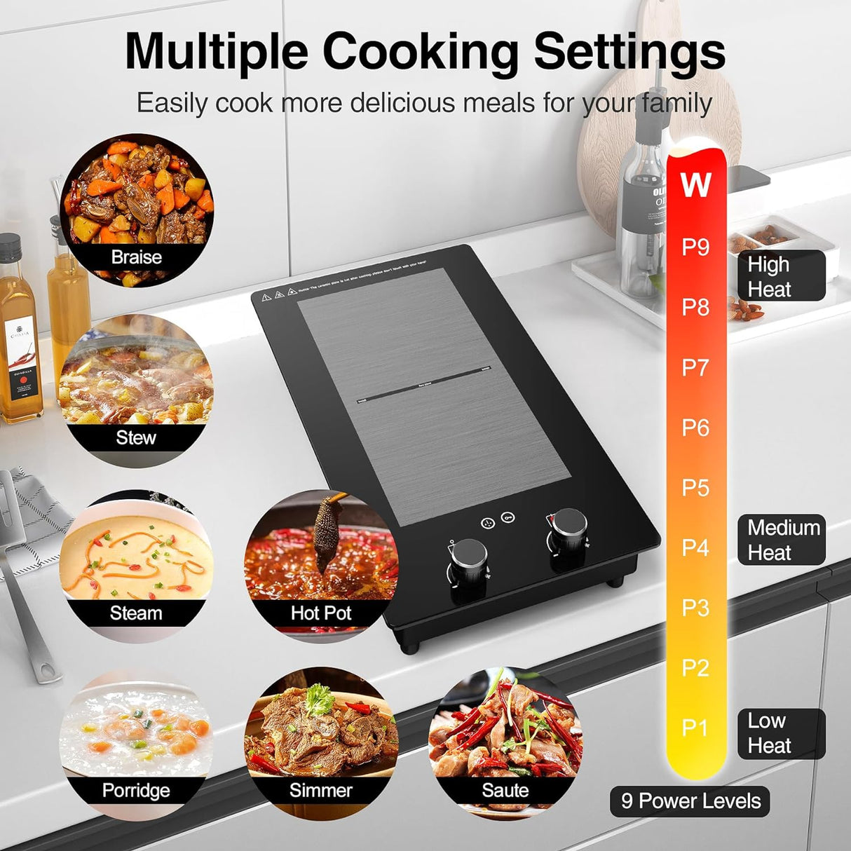 Two Burner Induction Cooktop - 12 Inch Double Induction Stove Top with 3000W Heating Power, Rotary &Touch Control, and 9 Power Levels