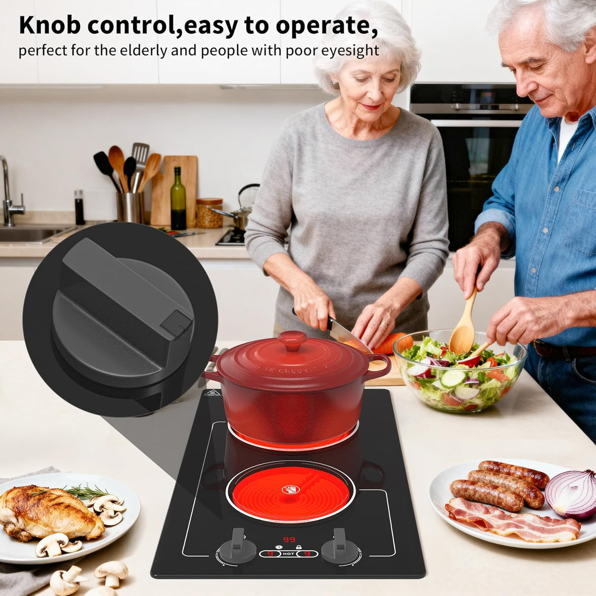 2100W Two Burner Electric Cooktop Knob Control and Touch Control