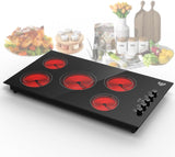 Five Burner Infrared Cooker - 8000W 36 Inch Electric Cooktop with Knob Control and 9 Power Levels