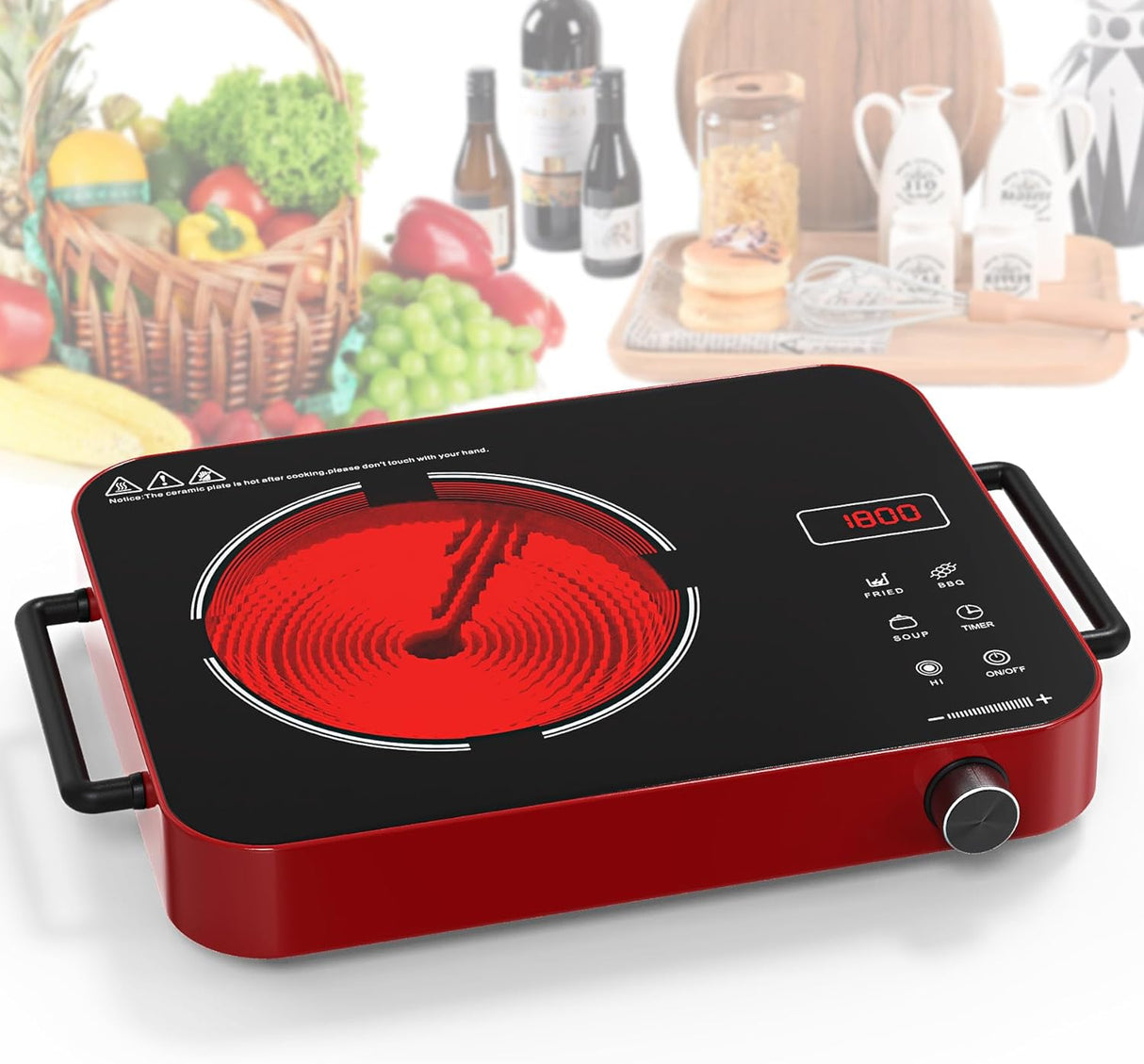 VBGK Single Burner Portable Electric Cooktop with two handle 12 Inch 1800W Infrared Cooker